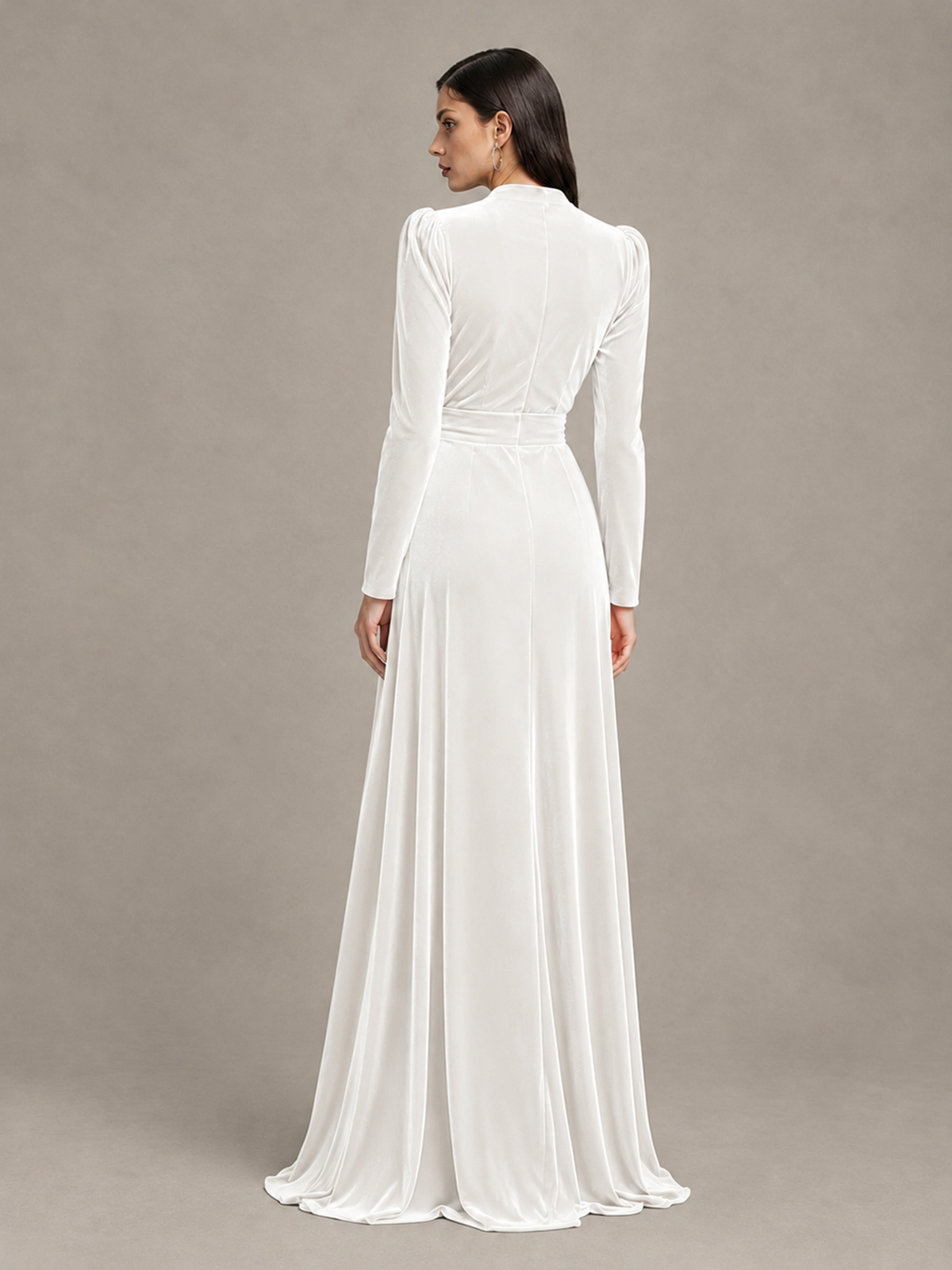 BOLODOO White Long Sleeve Velvet-Look Evening Dress with High Slit - White - White_2