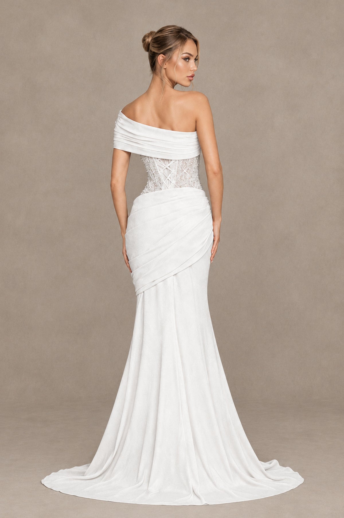 BOLODOO White One-Shoulder Sequin Embroidered Ruched Mermaid Gown with Train - White - White_2