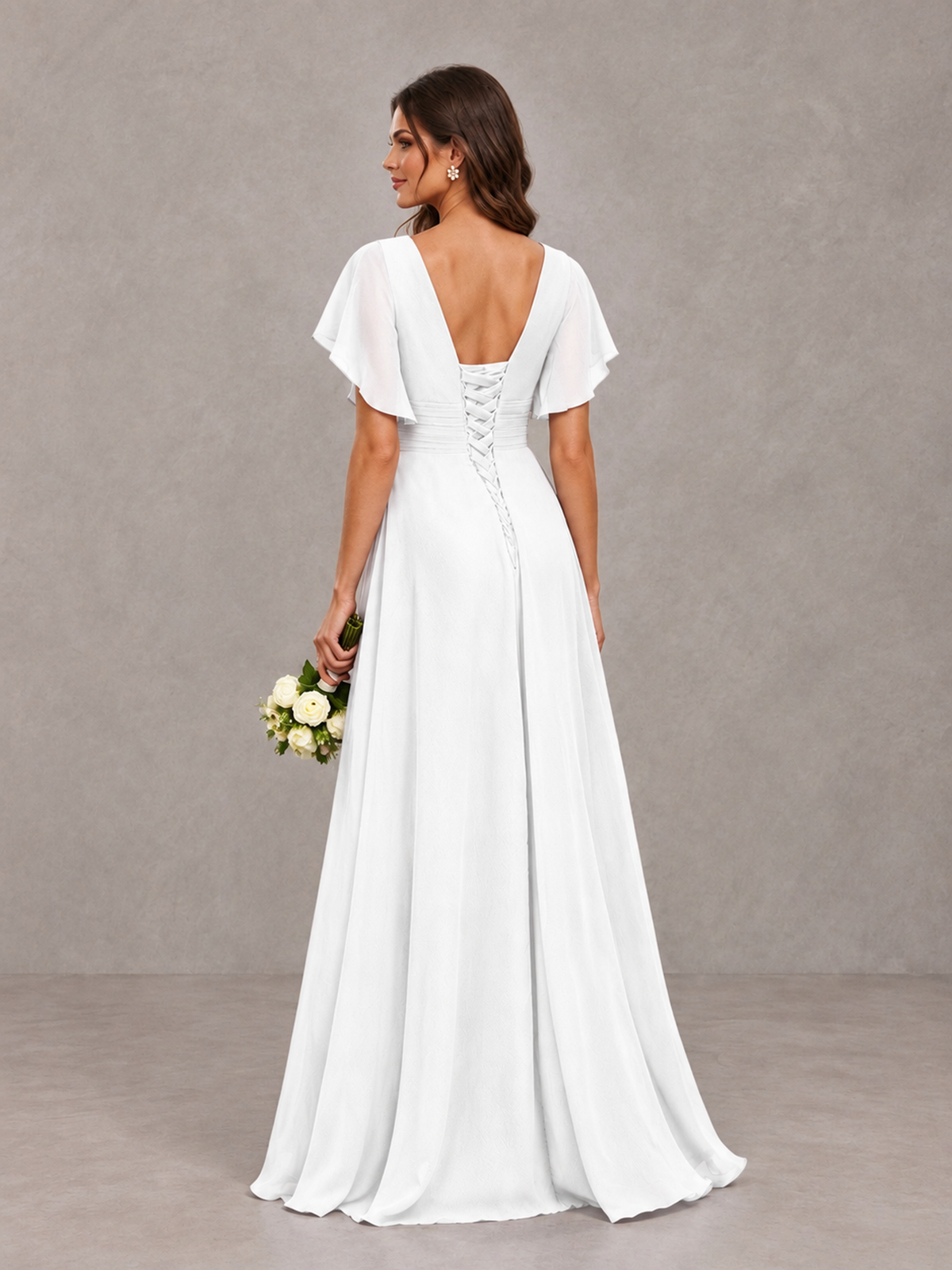 BOLODOO White Flutter Sleeve V-Neck Bridesmaid Dress with Ruffle Slit - White - White_2