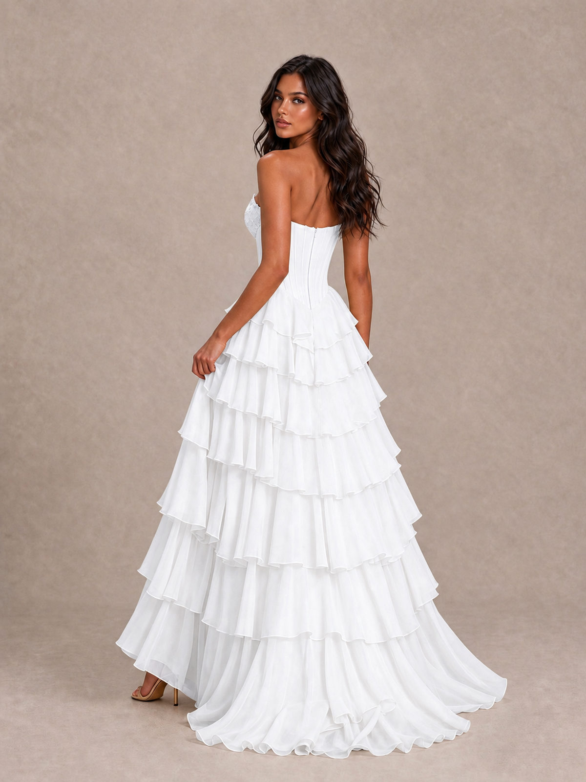 BOLODOO White Strapless Corset Tiered Ruffle Prom Dress with High Slit - White - White_2