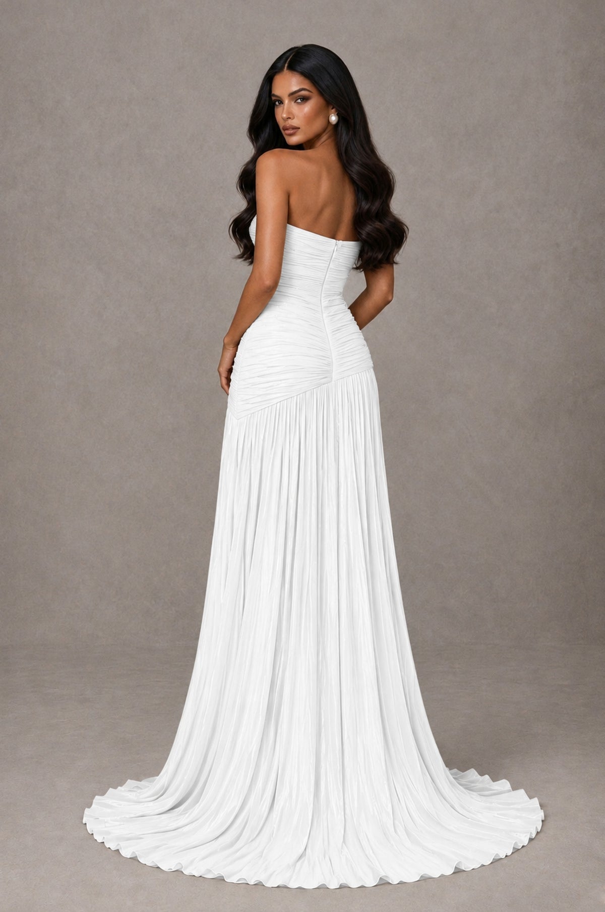 BOLODOO White Metallic Ruched Strapless Pleated A-Line Backless Maxi Dress with Train - White - White_2