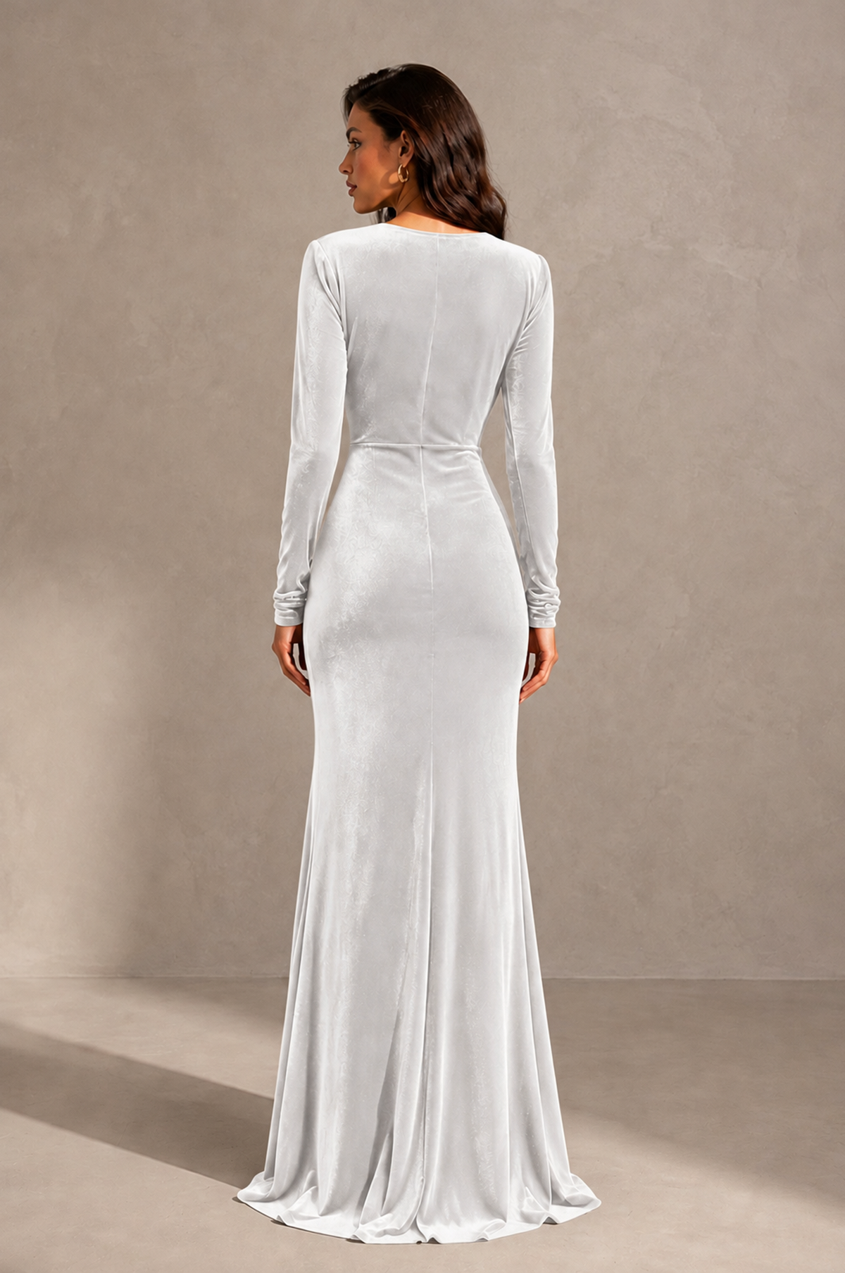 BOLODOO White Velvet Long Sleeve V-Neck Ruched Evening Gown - White