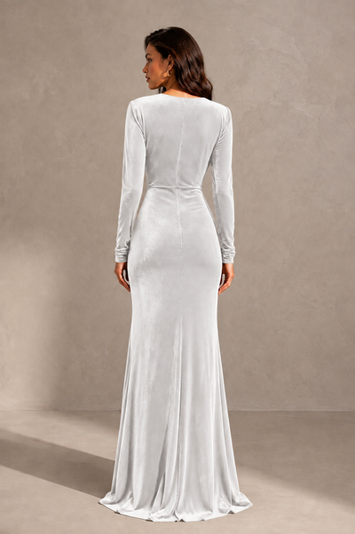 BOLODOO White Velvet Long Sleeve V-Neck Ruched Evening Gown - White