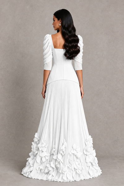 BOLODOO White Square Neck Pleated Floral Applique Evening Dress - White - White_2