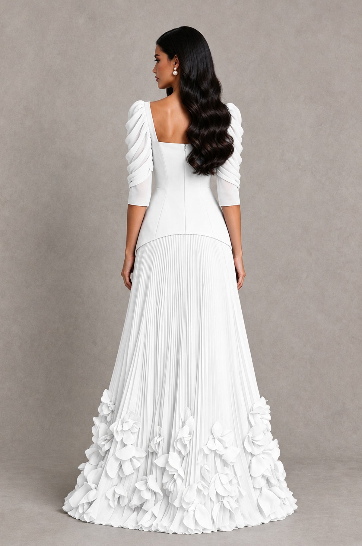 BOLODOO White Square Neck Pleated Floral Applique Evening Dress - White - White_2