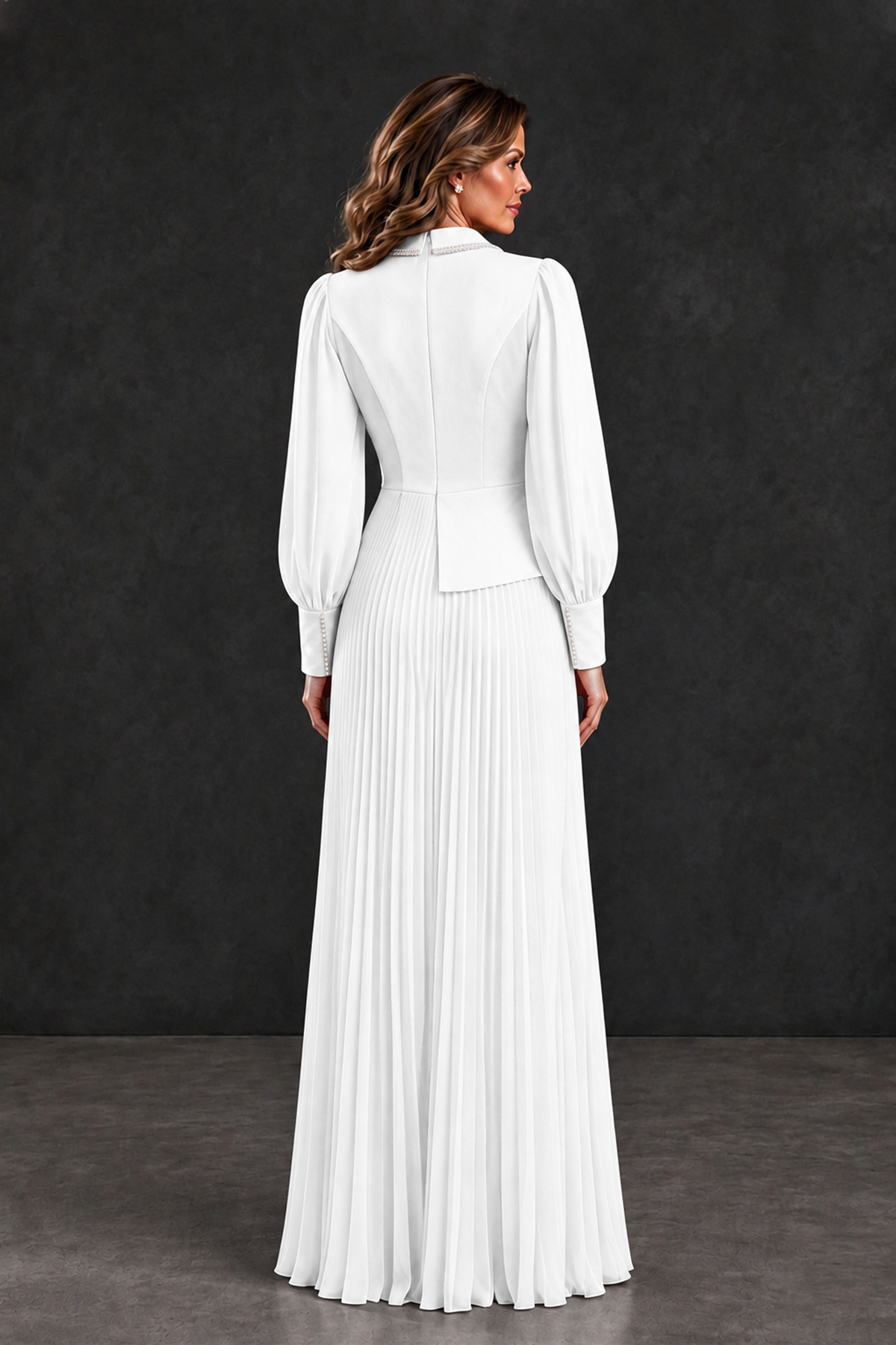 BOLODOO White Long Sleeve Pleated Mother of the Bride Dress - White - White_2