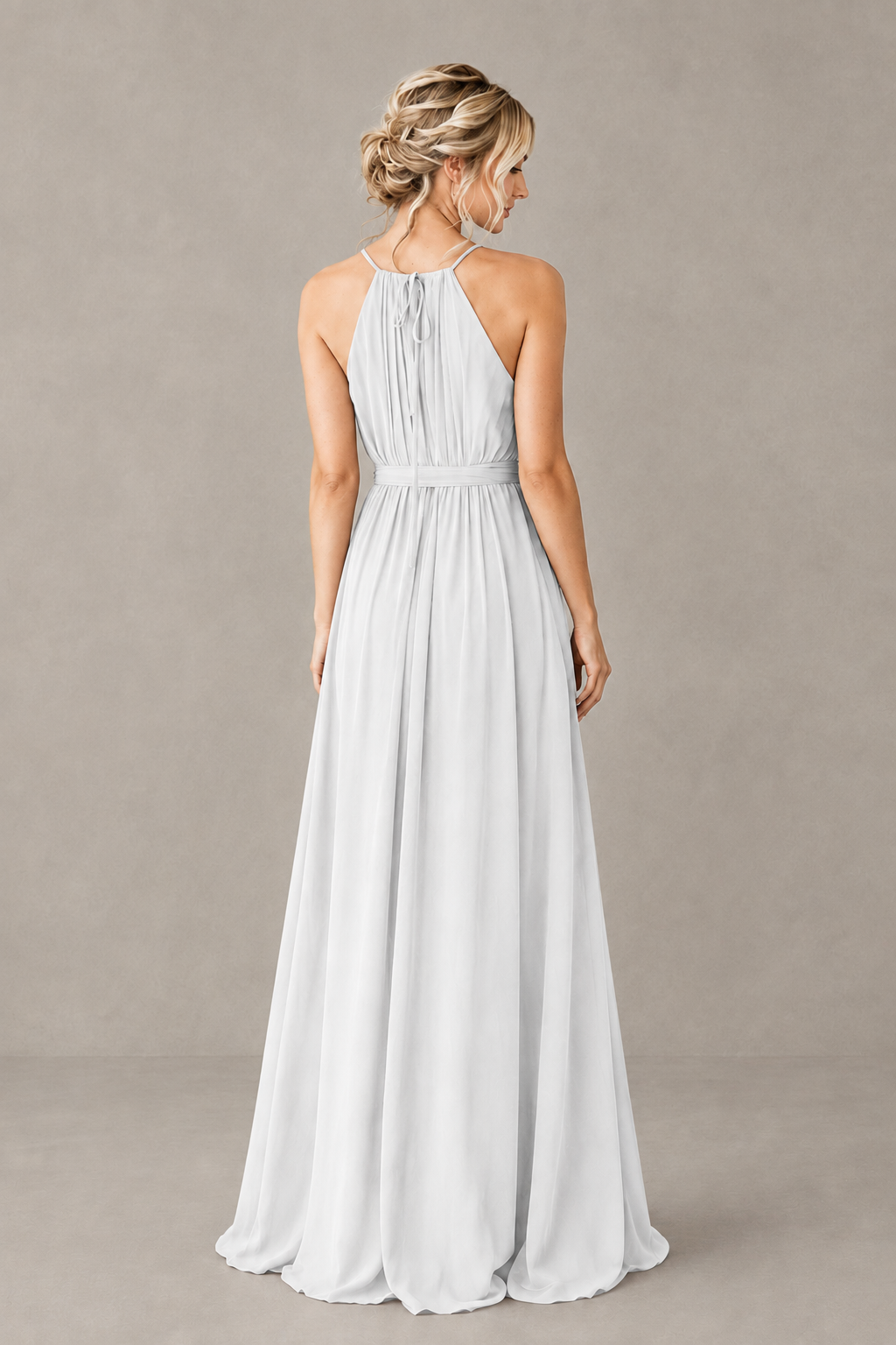 BOLODOO White Halter Chiffon Bridesmaid Dress with High Slit - White