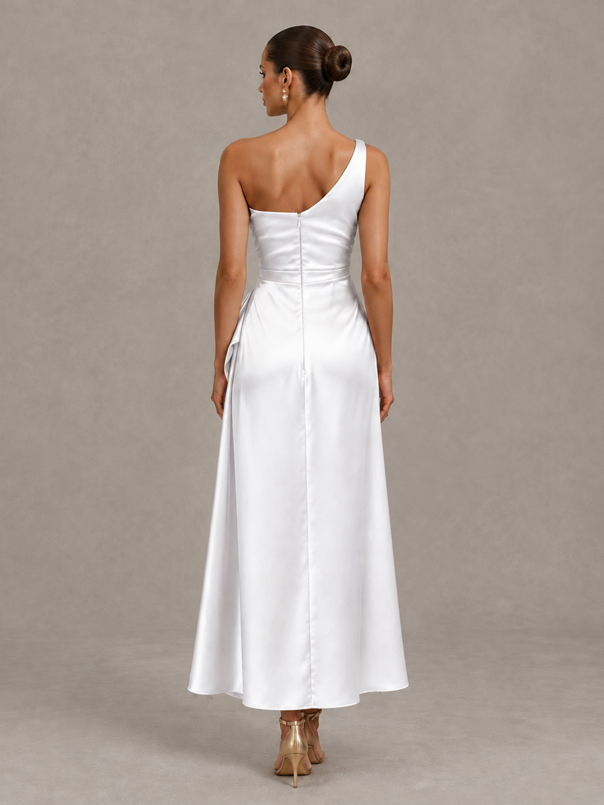 BOLODOO White One Shoulder Satin Cocktail Dress with Draped A-Line Skirt - White - White_2