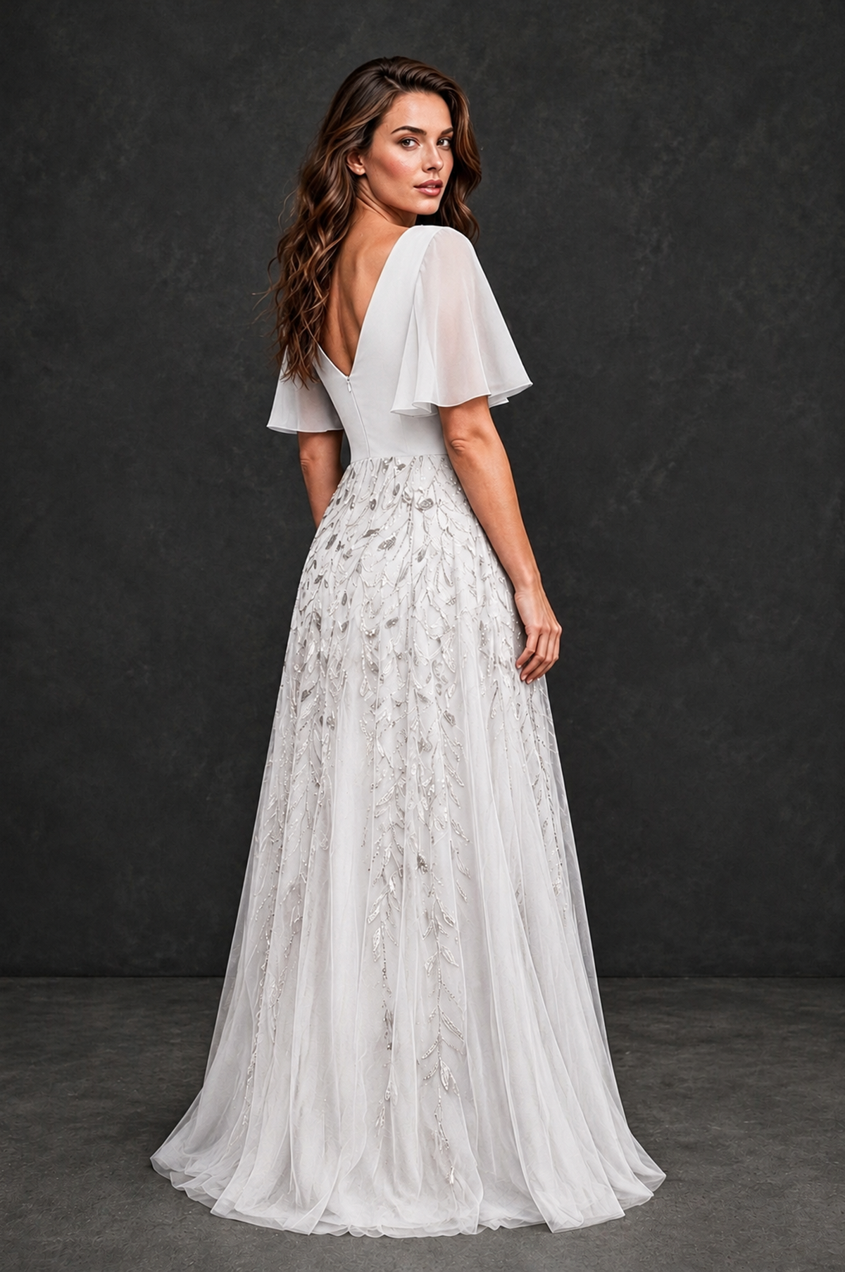 BOLODOO White V-Neck Flutter Sleeve Beaded Botanical Tulle A-Line Gown | Mother of the Bride Evening Dress - White - White_2
