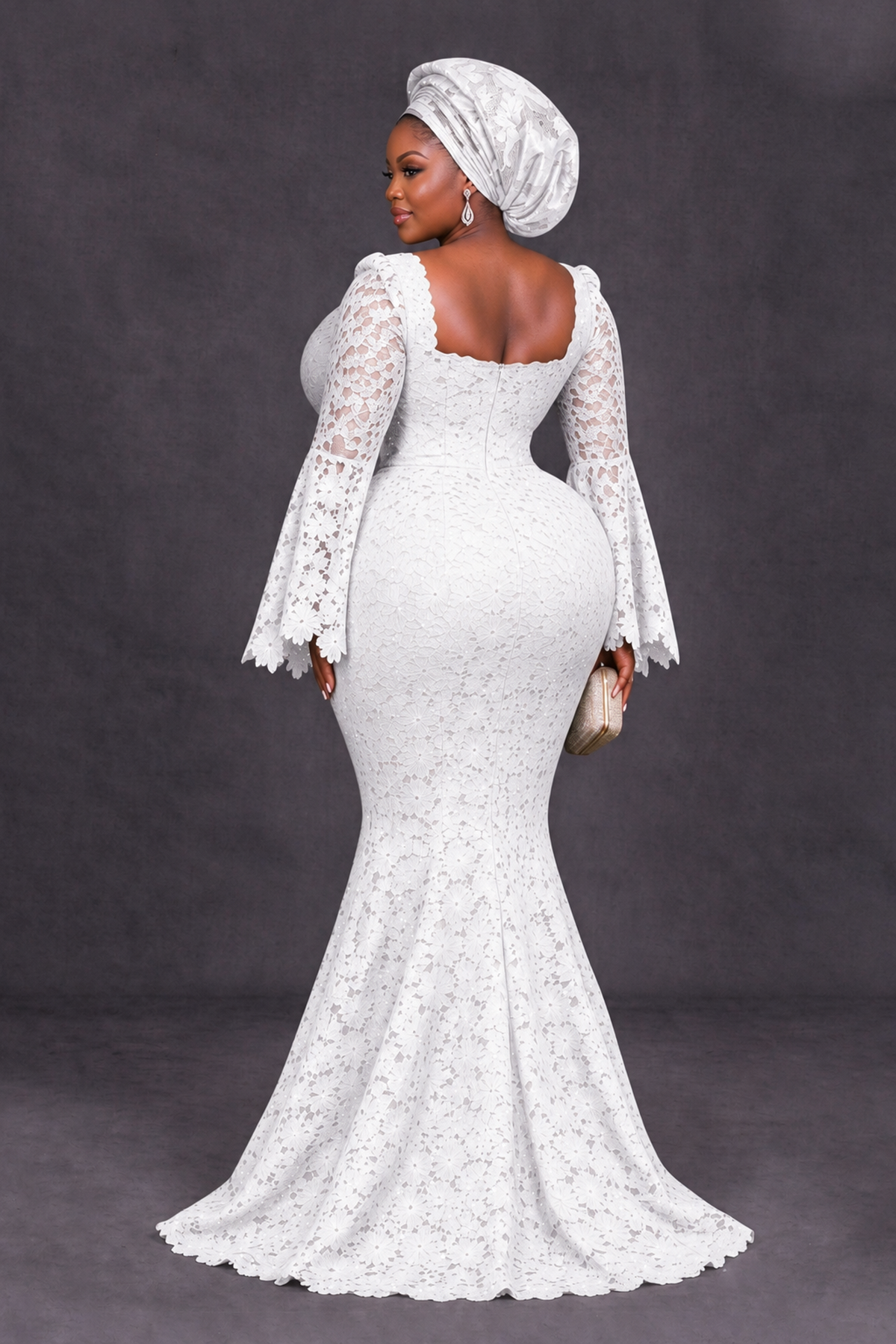 BOLODOO White African Lace Mermaid Dress, Plus Size Nigerian Wedding Guest Gown with Bell Sleeves - White - White_2
