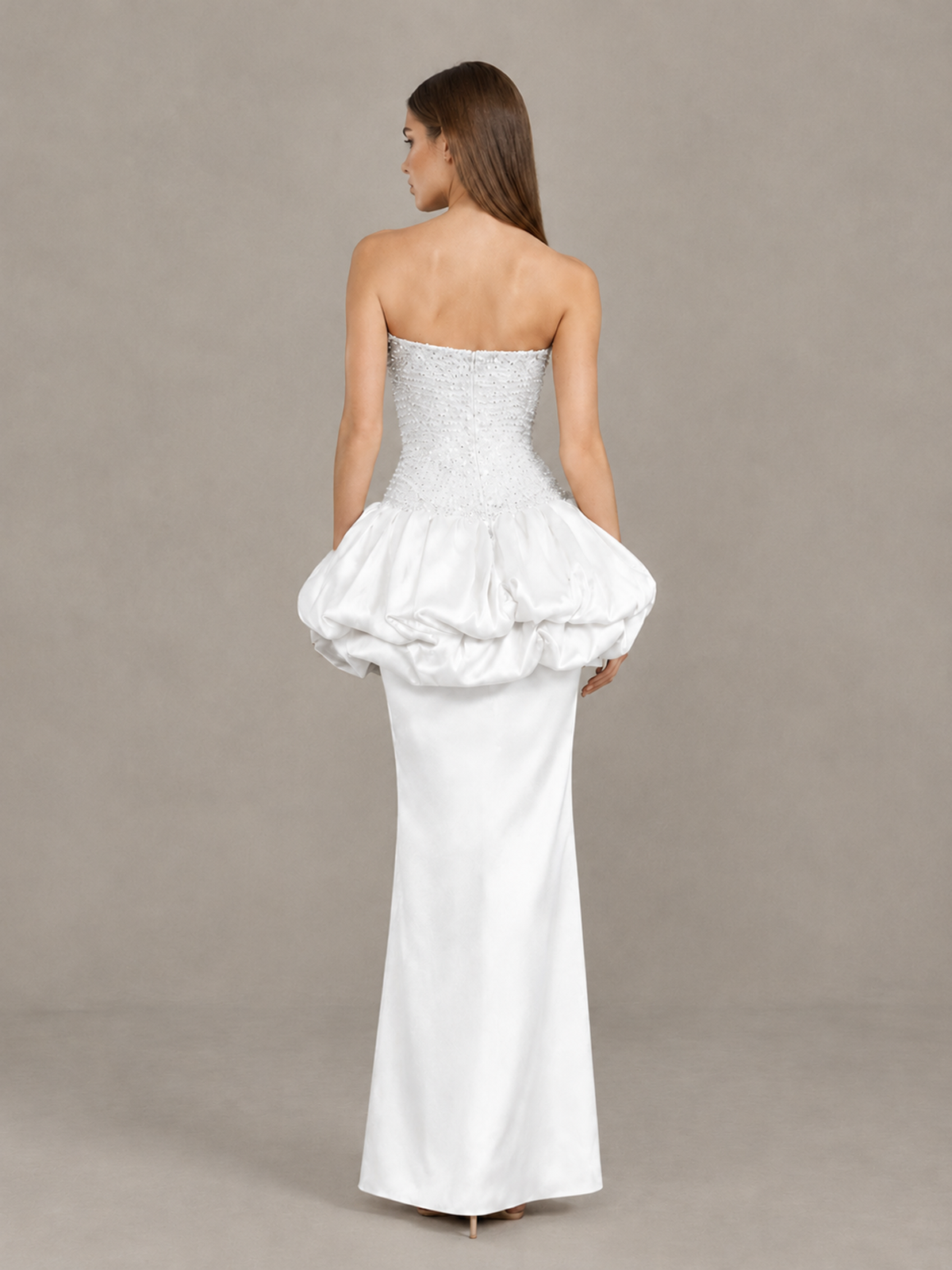 BOLODOO White Strapless Embellished Bubble Peplum Evening Dress - White - White_2
