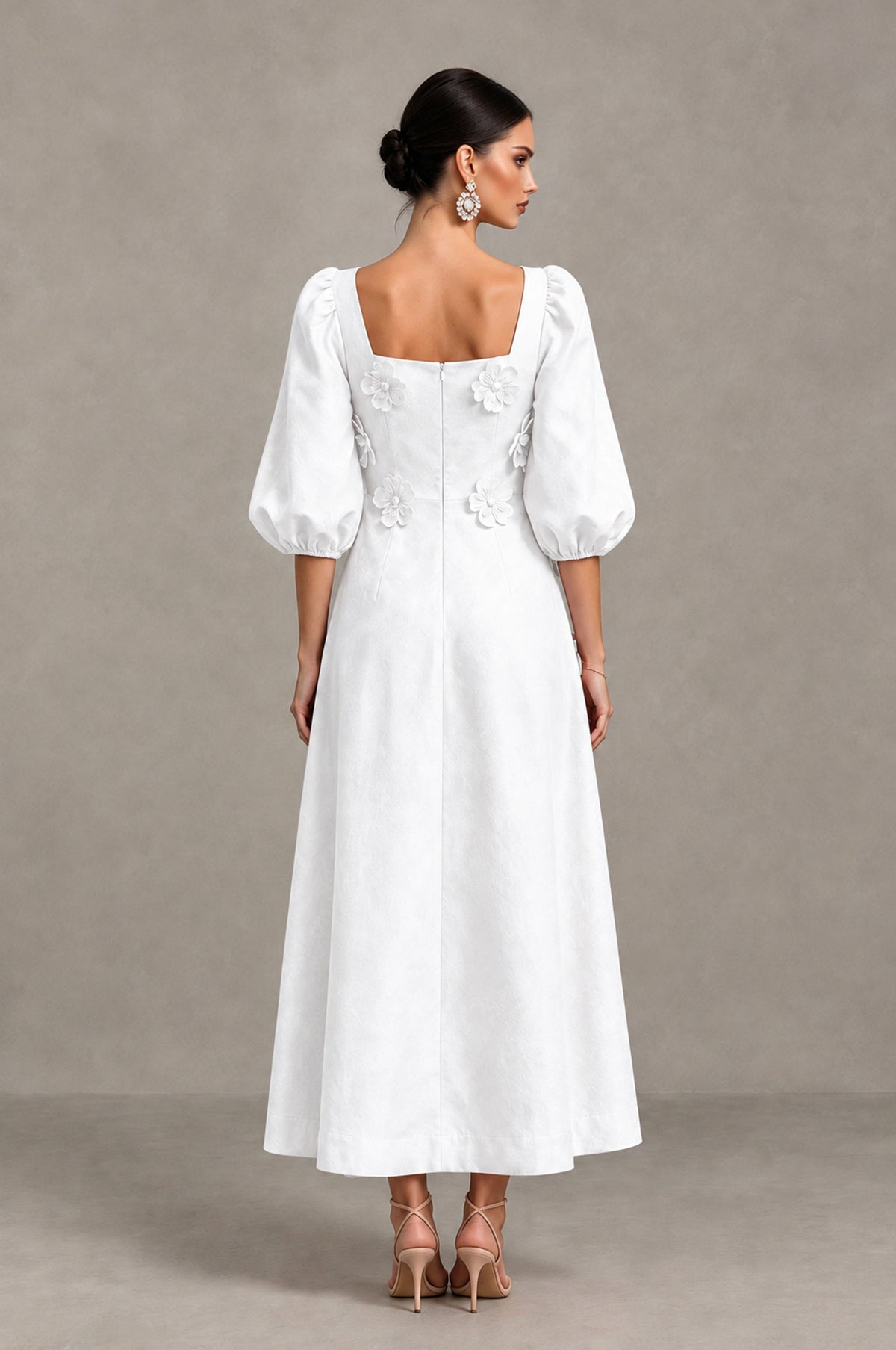 BOLODOO White 3D Floral Puff Sleeve Midi Cocktail Dress - White - White_2