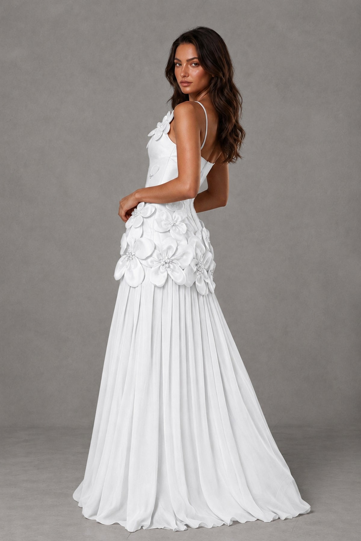 BOLODOO White 3D Floral Appliqué Floor-Length A-Line Evening Gown - White