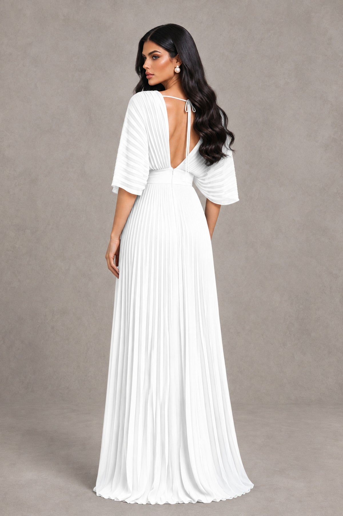 BOLODOO White V-Neck Pleated Flutter Sleeve Formal Dress - White - White_2