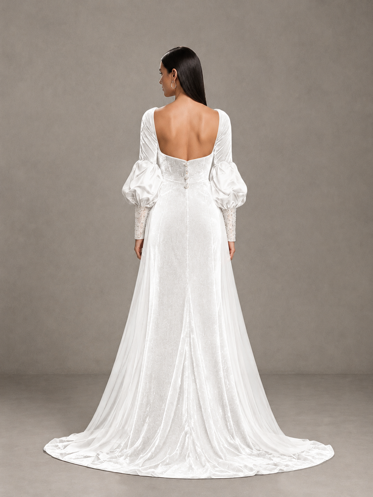 BOLODOO White Velvet Long Sleeve Open-Back Evening Gown - White - White_2