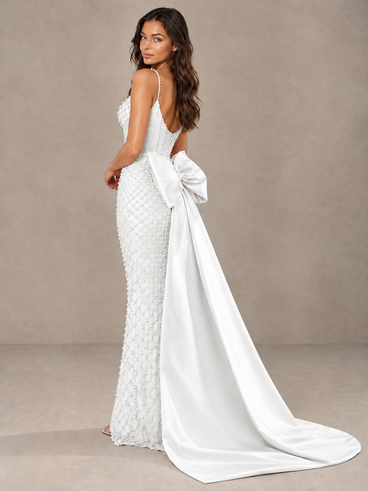 BOLODOO White Beaded Corset Prom Dress with Bow Train - White - White_2