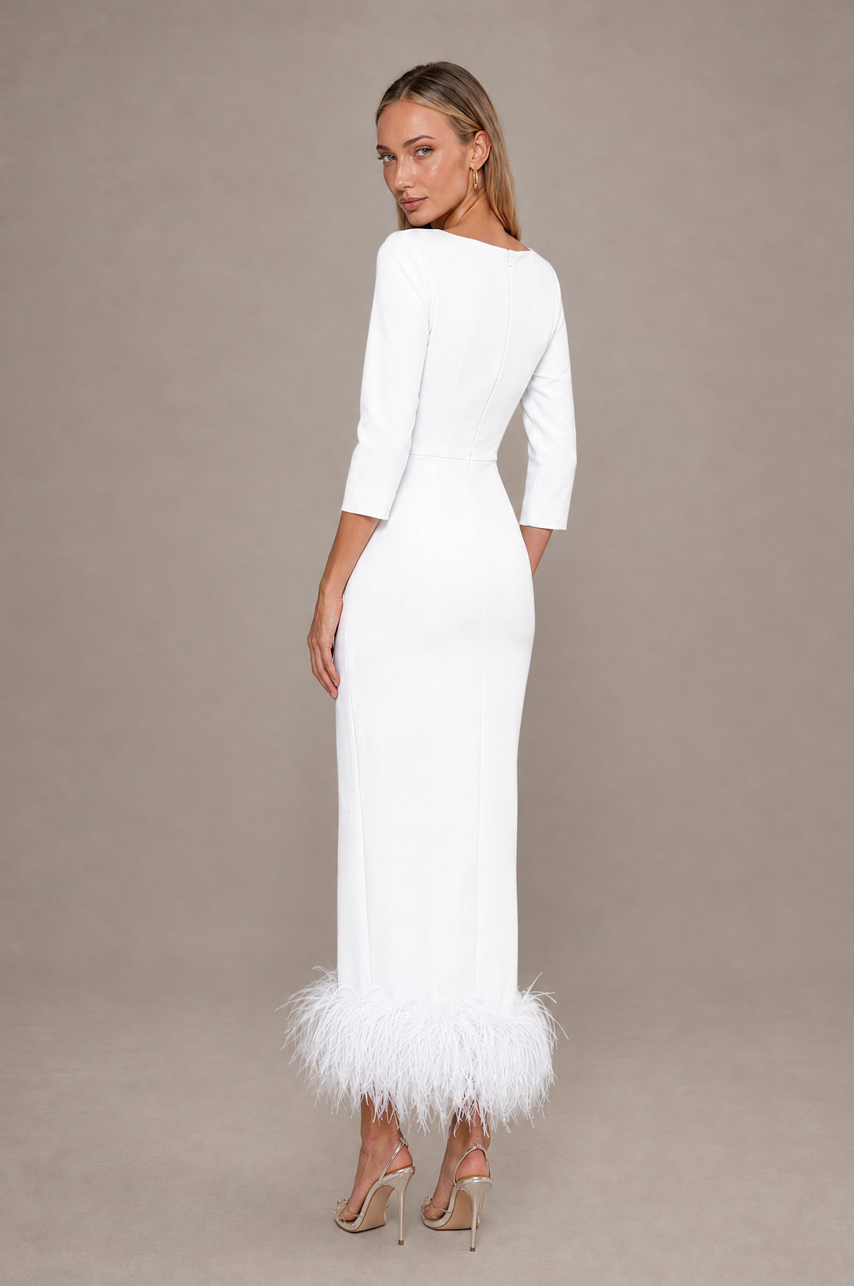 BOLODOO White Feather-Trim Twist-Waist Midi Dress - White - White_2