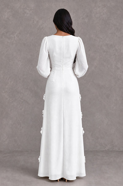 BOLODOO White Long Sleeve Floral Applique A-Line Evening Dress - White - White_2