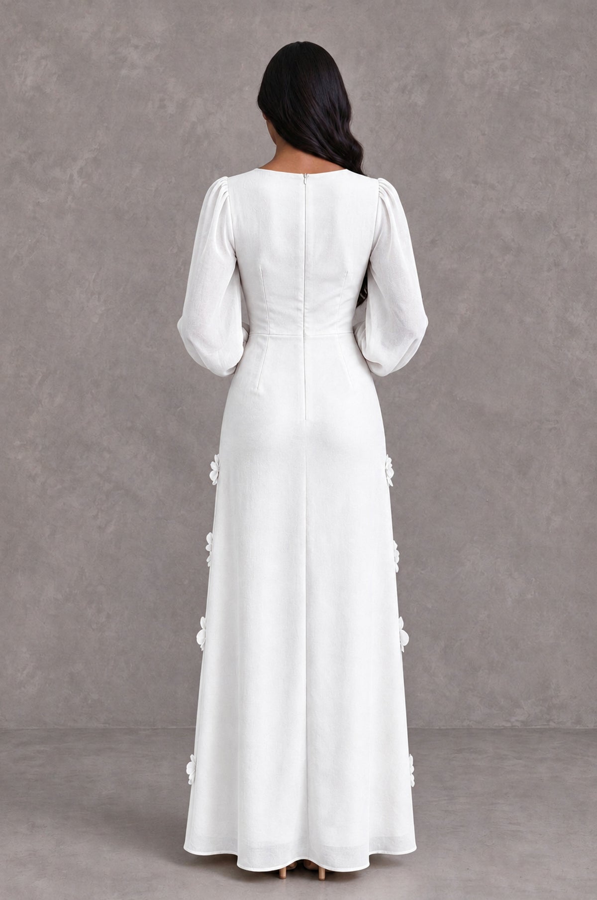 BOLODOO White Long Sleeve Floral Applique A-Line Evening Dress - White - White_2