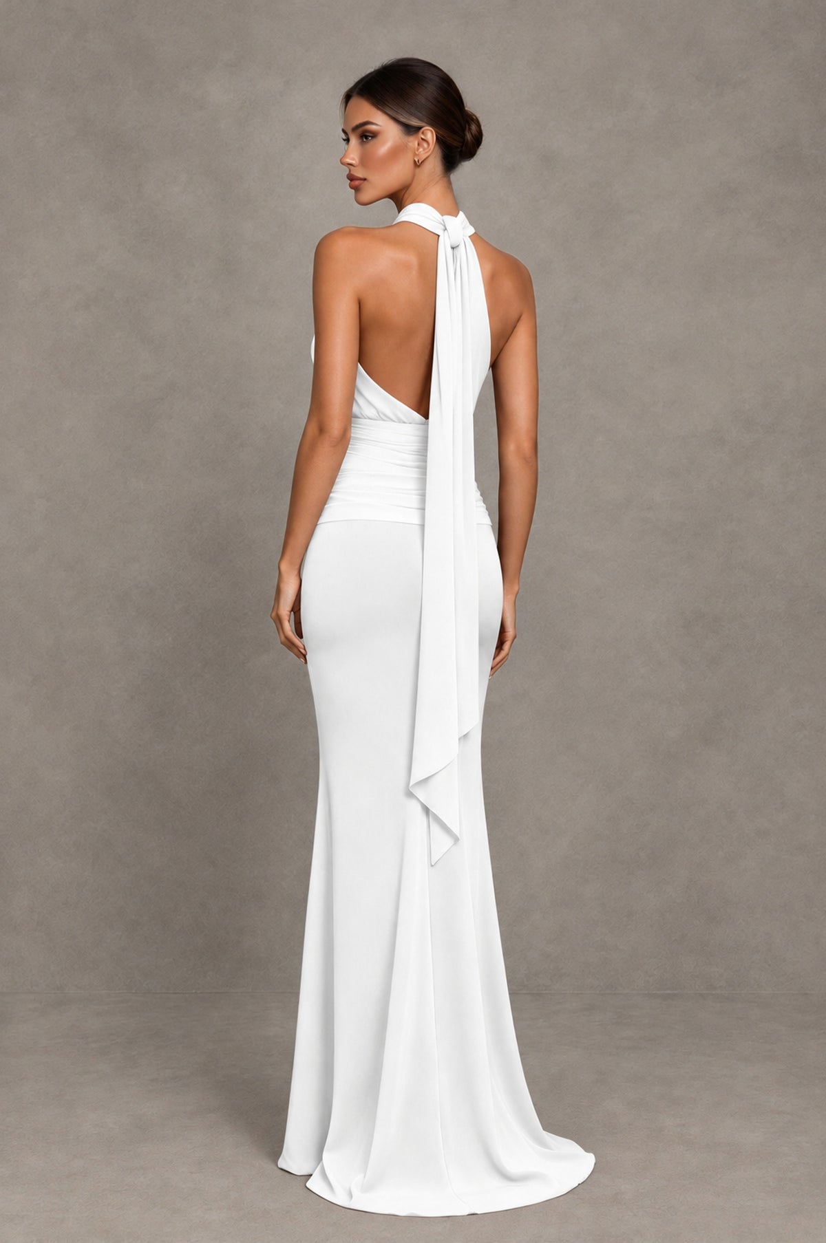 BOLODOO White Chiffon Halter Maxi Formal Wedding Guest Dress - White - White_2
