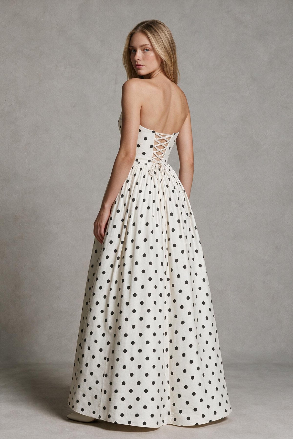 BOLODOO White Polka Dot Strapless Lace-Up Back A-Line Maxi Dress - White