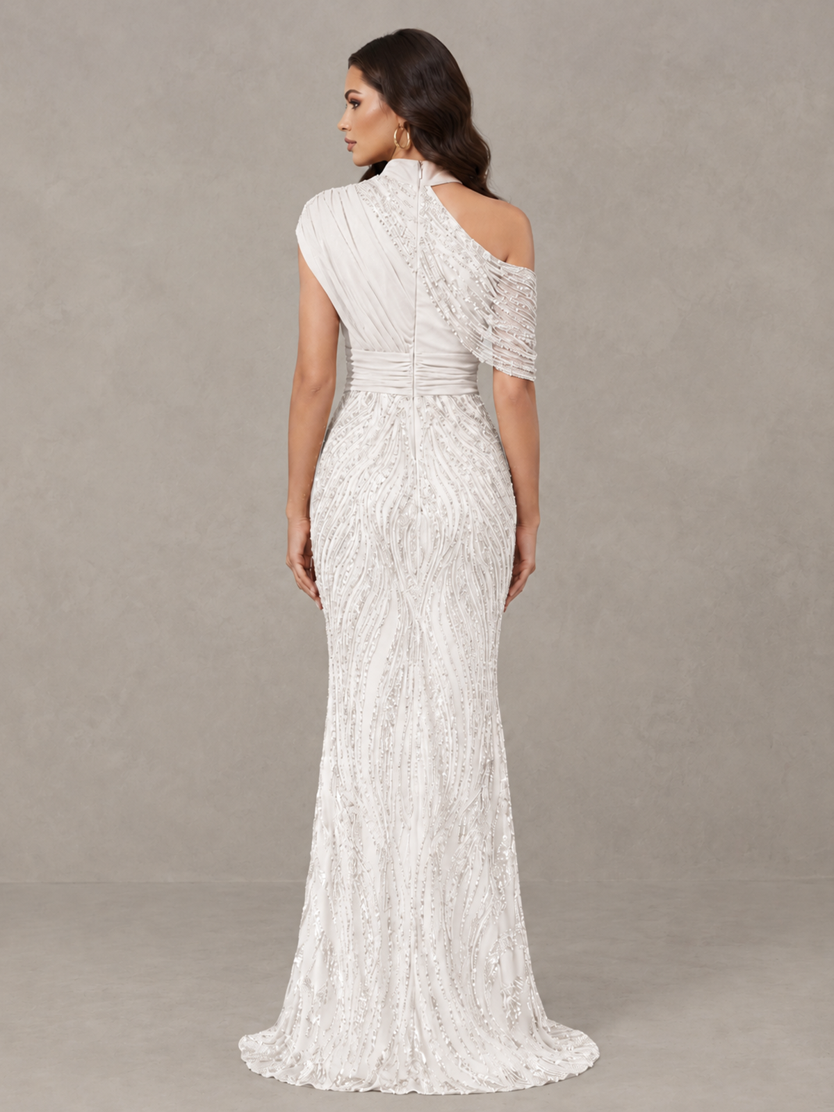 BOLODOO White High Neck Draped Sequin Mermaid Evening Gown - White - White_2