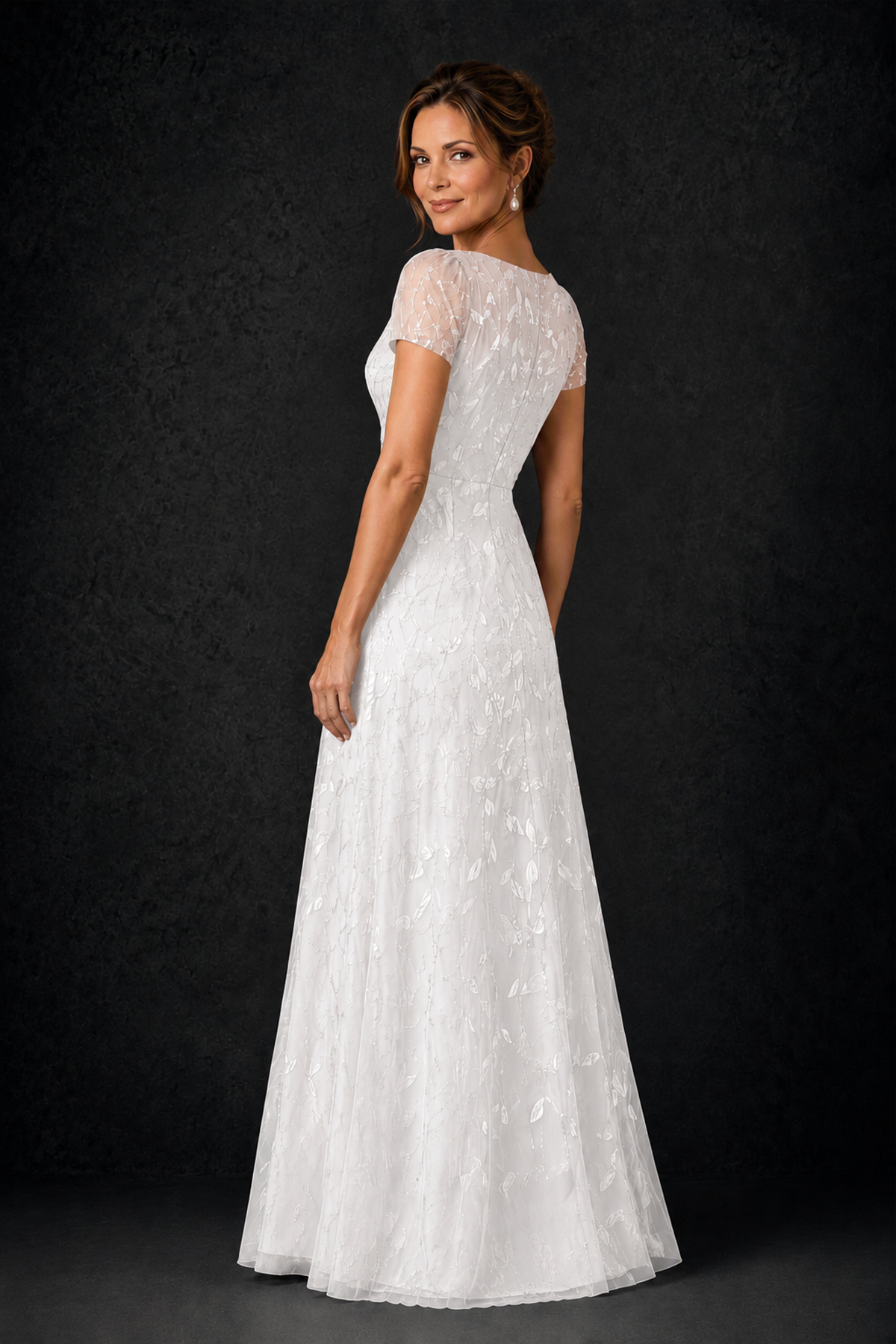 BOLODOO White Leaf Embroidered A-Line Formal Gown with Cap Sleeves - White - White_2