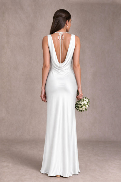 BOLODOO White Cowl Neck Open Back Satin Bridesmaid Dress - White - White_2