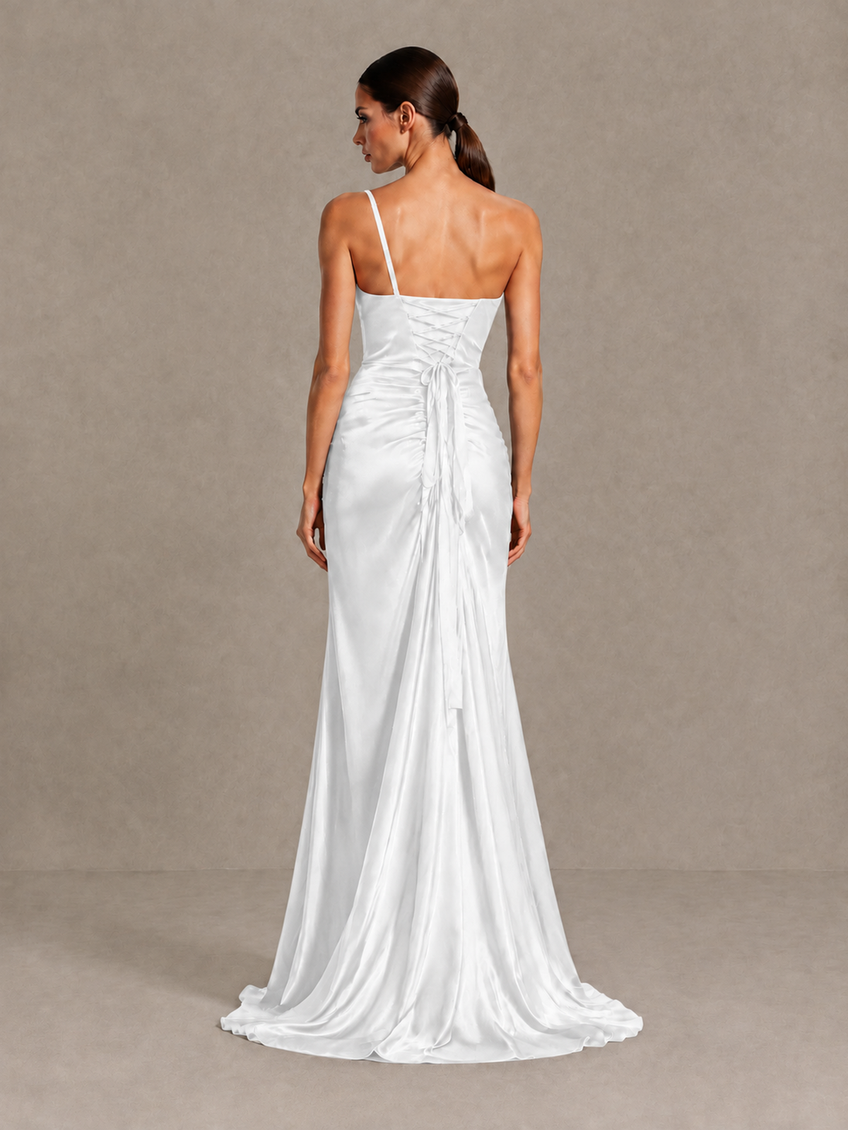 BOLODOO White One Shoulder Satin Evening Gown with High Slit and Sweep Train - White - White_2
