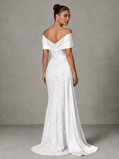 BOLODOO White Sequin Mermaid Evening Dress with Off-Shoulder Satin Drape and Sweep Train - White - White_2