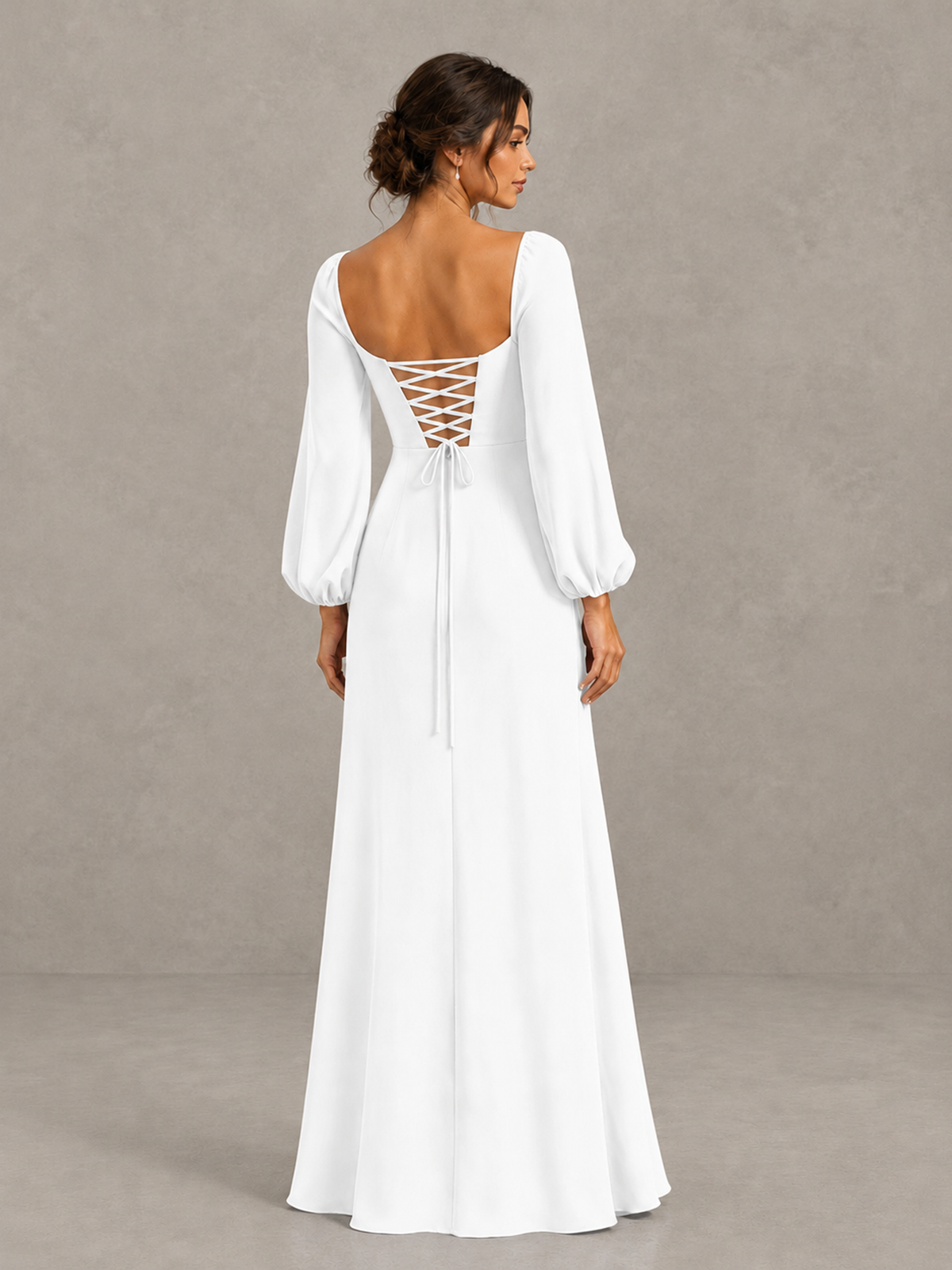 BOLODOO White Square Neck Long Sleeve Bridesmaid Dress with High Slit - White - White_2
