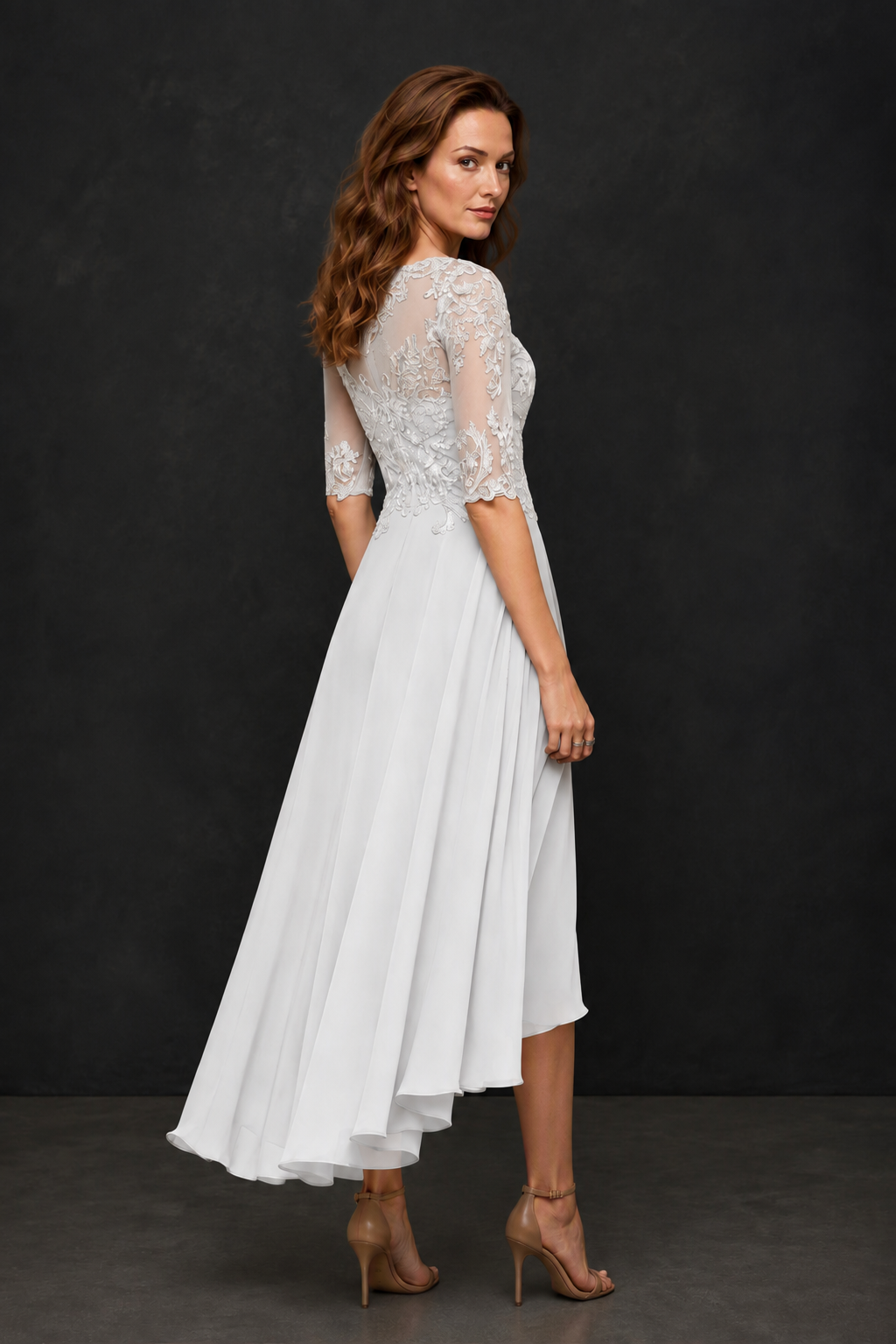 BOLODOO White Illusion Lace 3/4 Sleeve Hi-Lo Chiffon A-Line Dress | Mother of the Bride Tea Length Dress - White