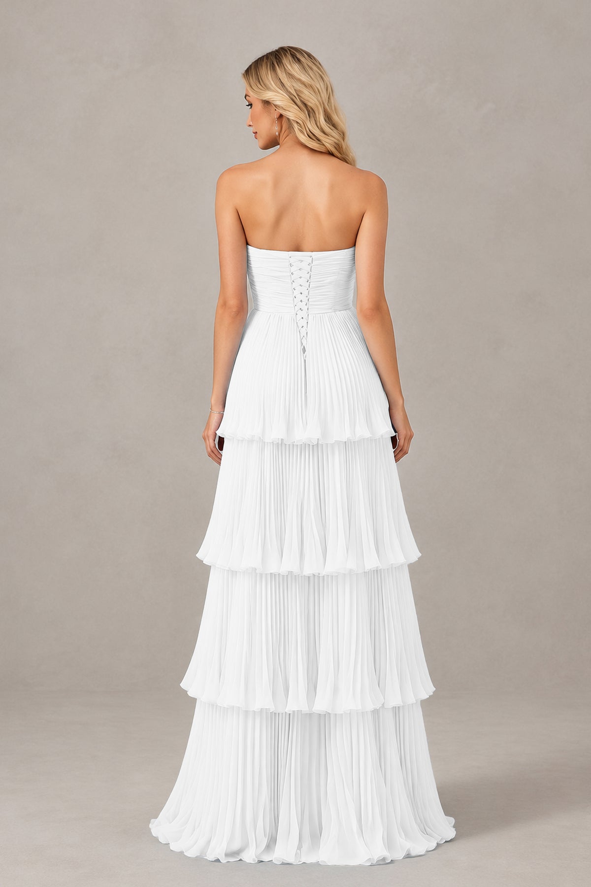 BOLODOO White Strapless Tiered Chiffon Maxi Dress - White