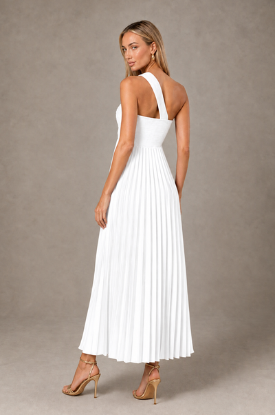 BOLODOO White One-Shoulder Twist Knot Pleated Satin Midi Dress with Cutout - White - White_2