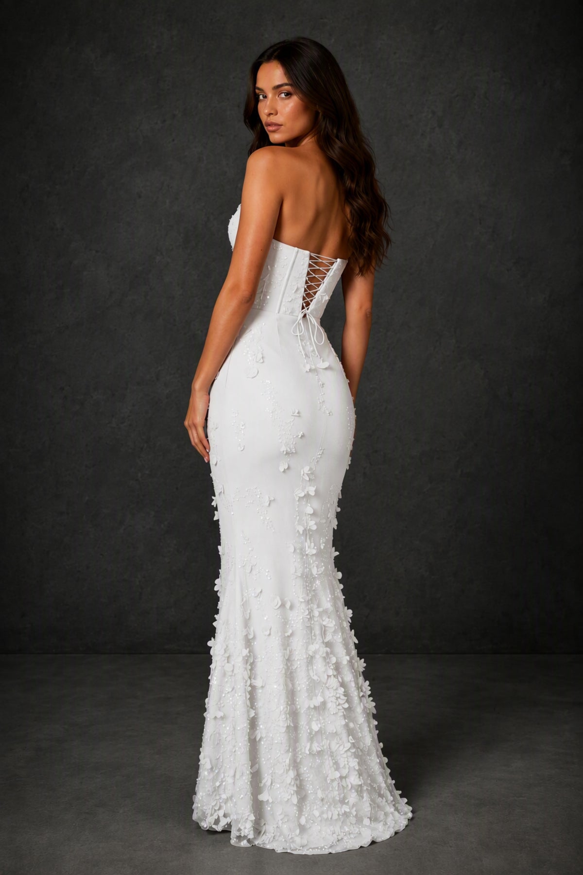 BOLODOO White 3D Floral Sequin Corset Strapless Mermaid Gown - White