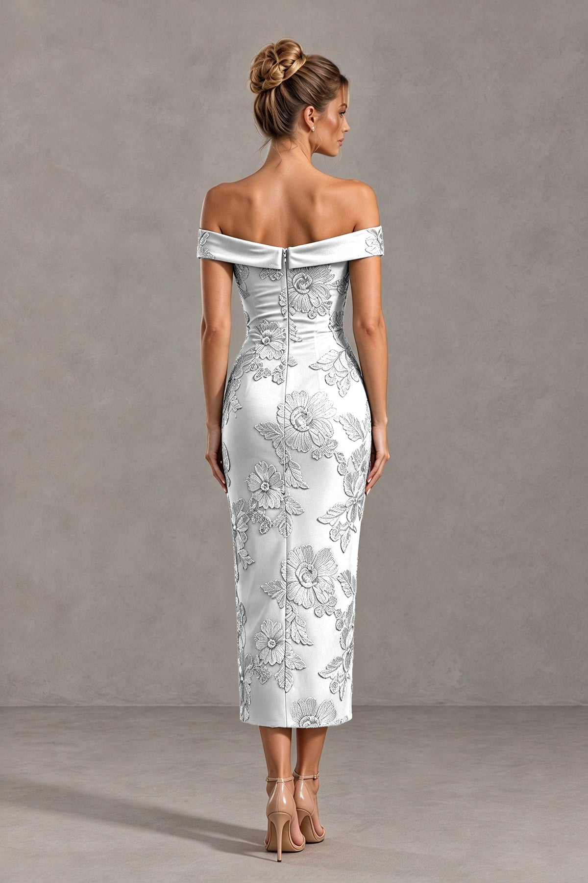 BOLODOO White Off Shoulder Floral Jacquard Midi Dress - White - White(2)