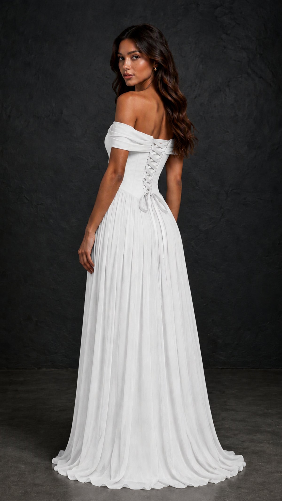BOLODOO White Off-Shoulder Sweetheart Corset Pleated Chiffon Maxi Dress - White