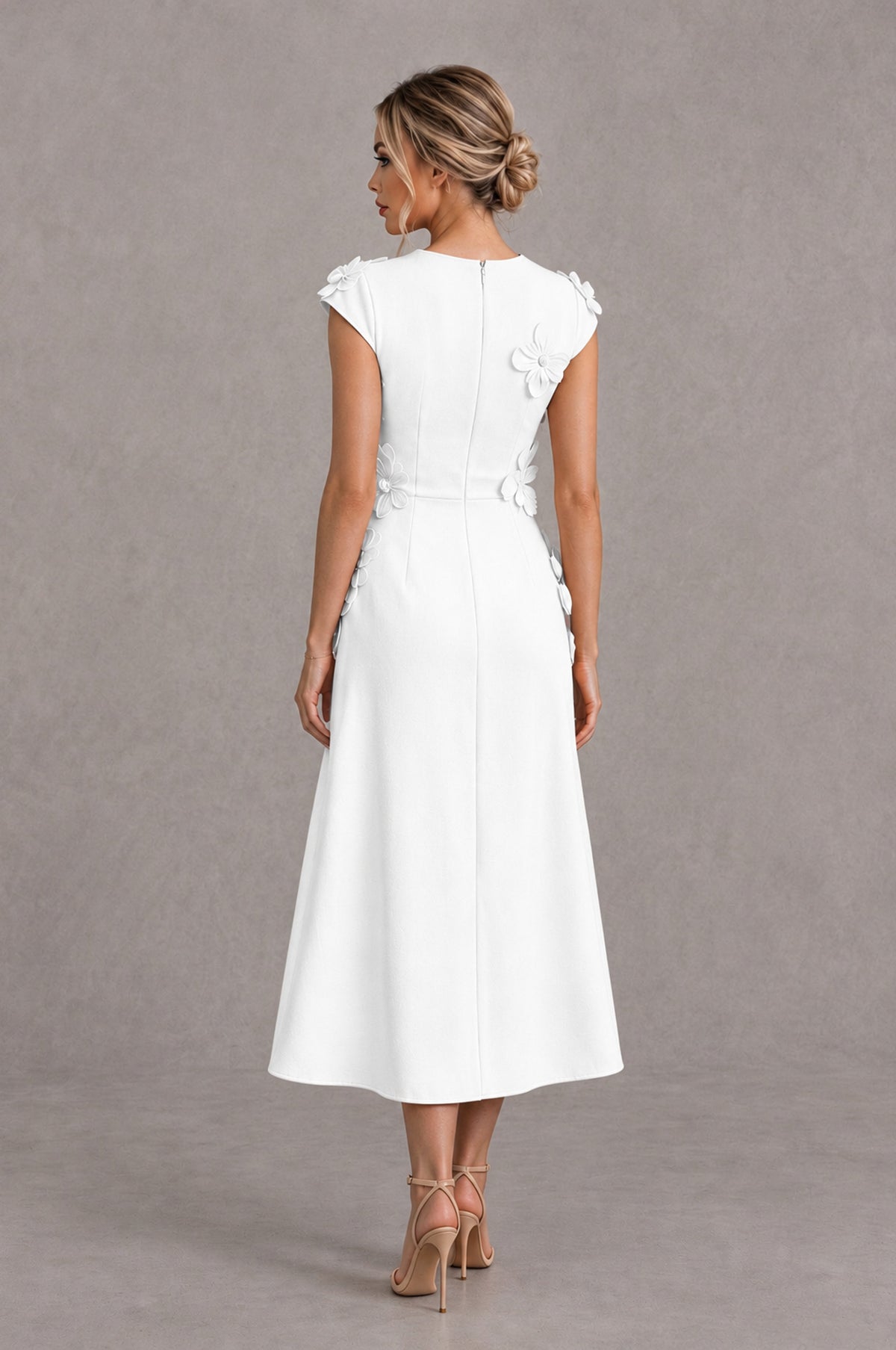 BOLODOO White 3D Floral Cap Sleeve Midi Cocktail Dress - White - White_2