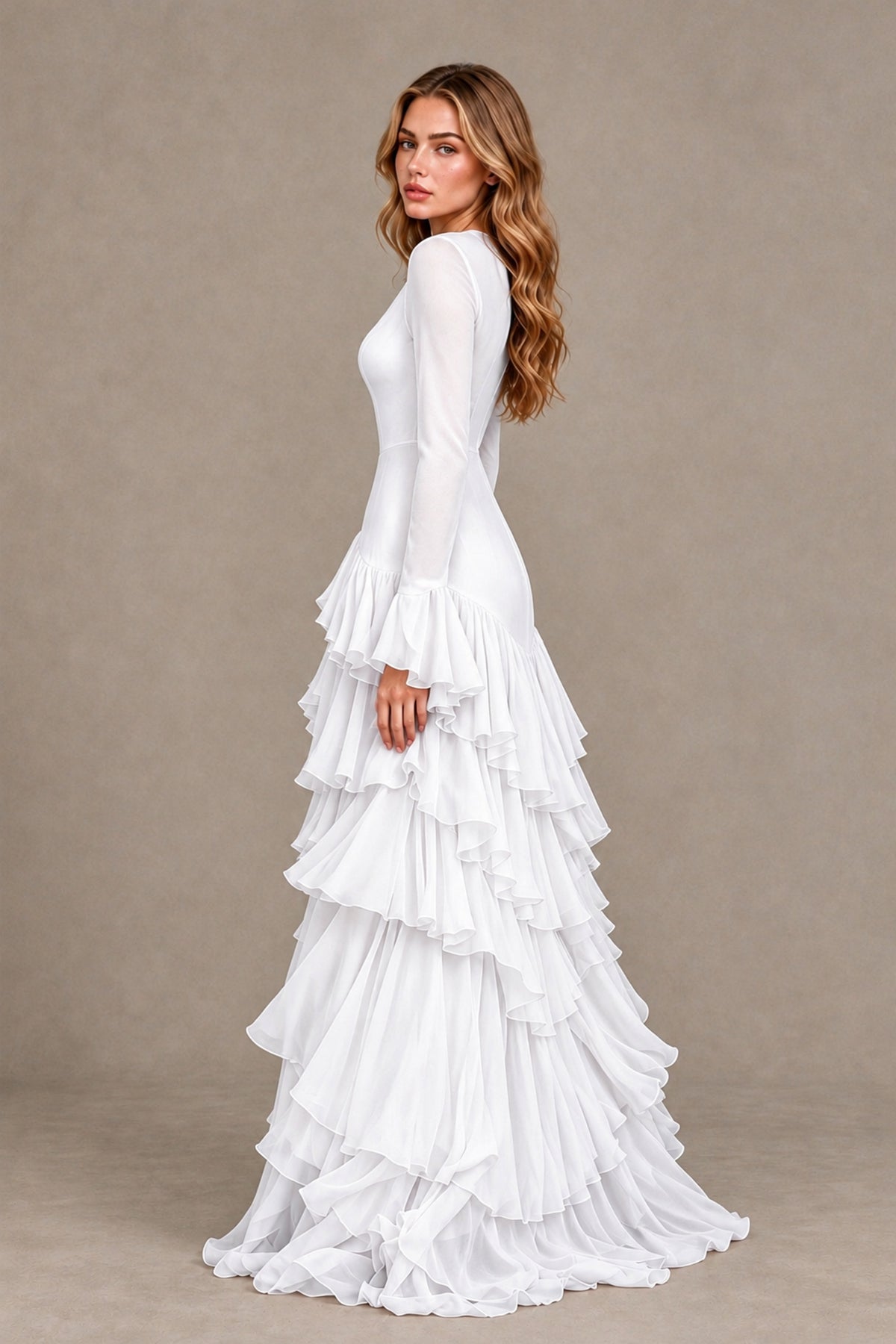 White Long Sleeve Tiered Ruffle Evening Gown - White - White_2