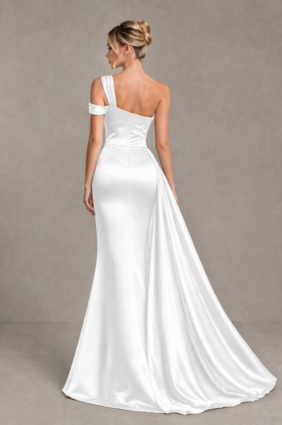 BOLODOO White Asymmetric Ruched Formal Evening Dress - White - White_2