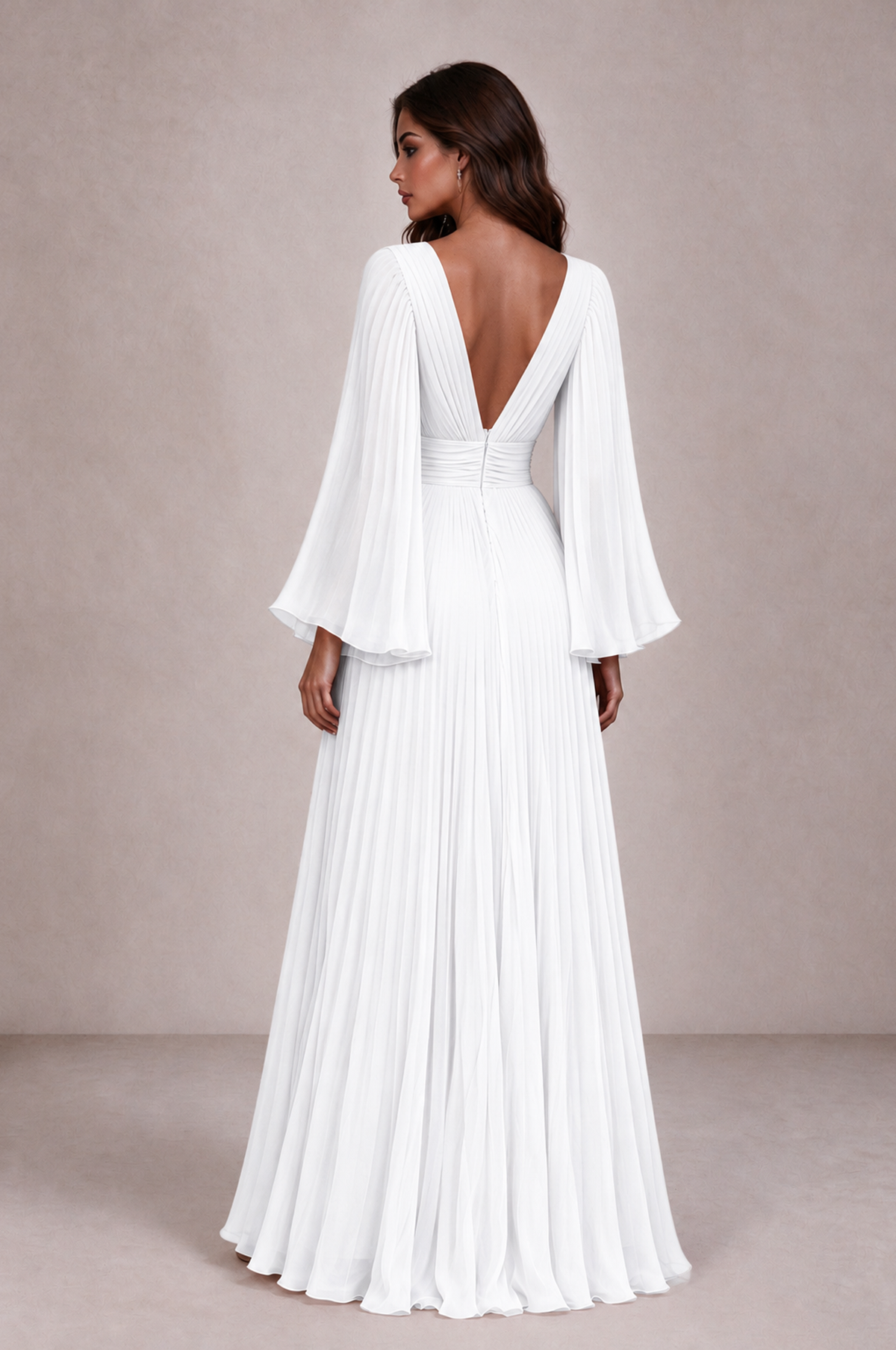 BOLODOO White Pleated Deep V-Neck Long Bell Sleeve Evening Dress - White - White_2