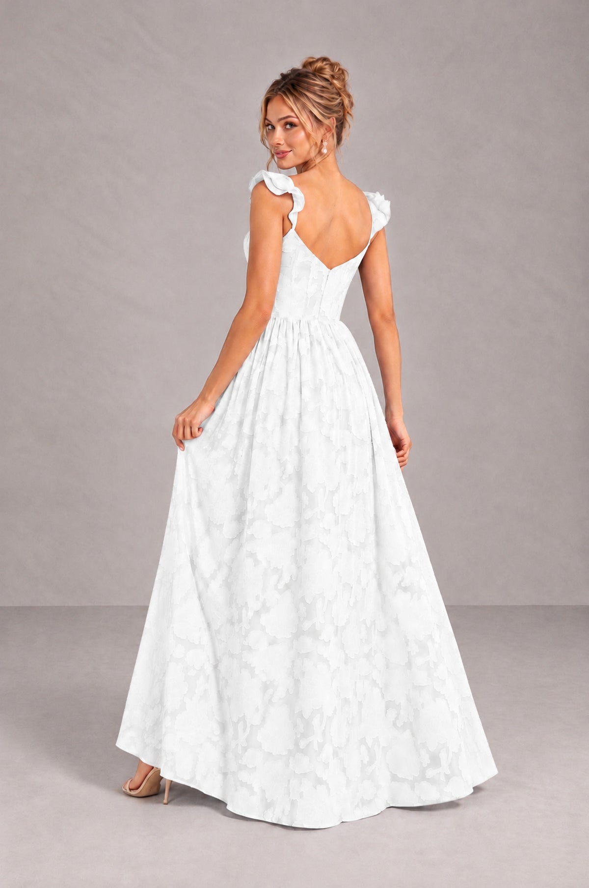 BOLODOO White Floral A-Line Bridesmaid Dress with Slit Ruffle Straps Maxi Gown - White - White_2