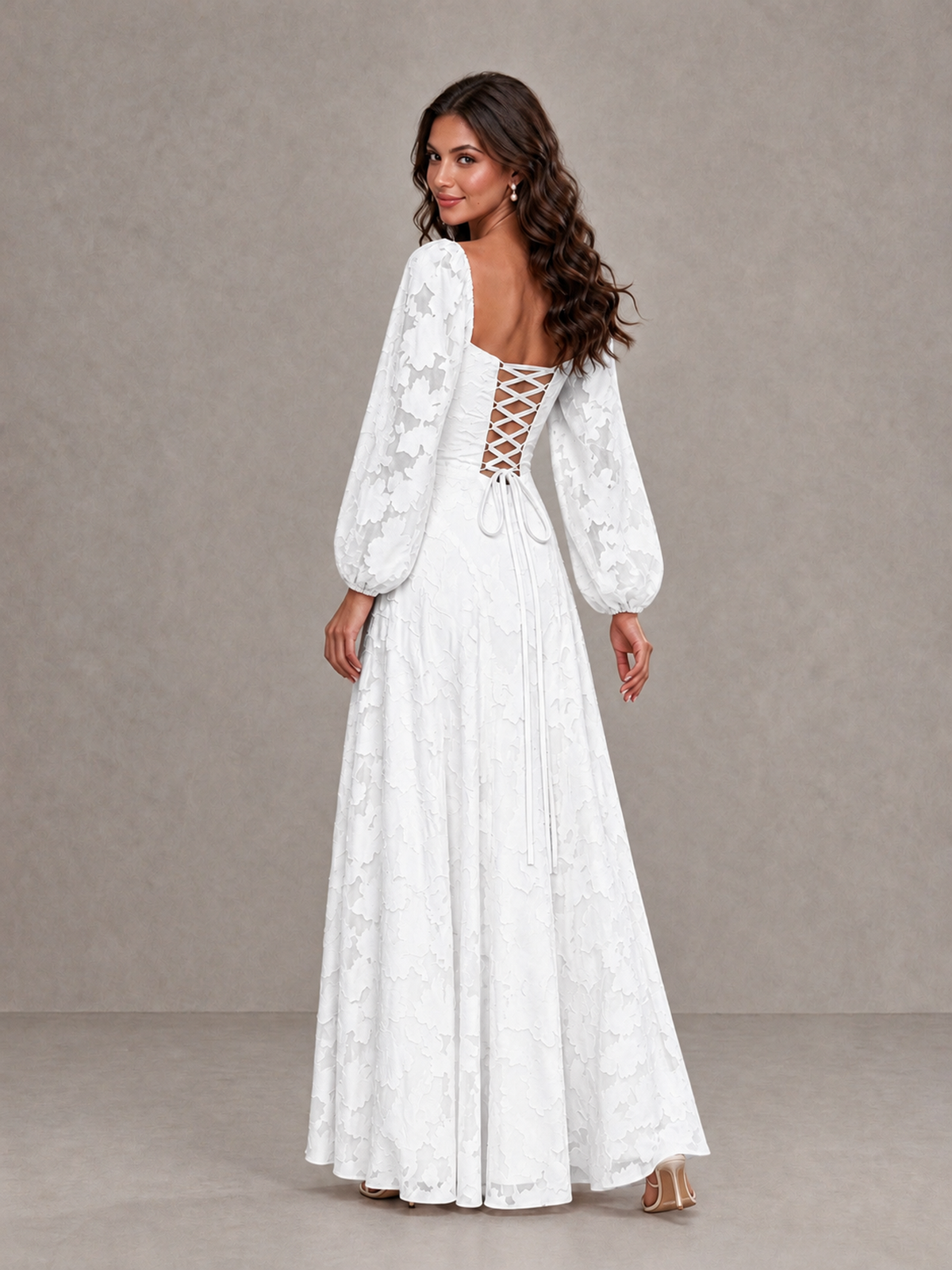 BOLODOO White Floral Long Sleeve A-Line Bridesmaid Dress - White - White_2