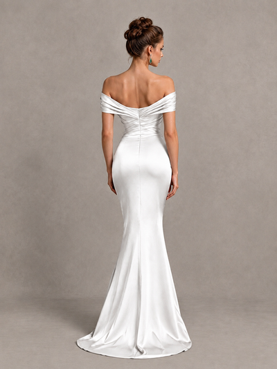 BOLODOO White Off-Shoulder Satin Mermaid Prom Dress - White - White_2
