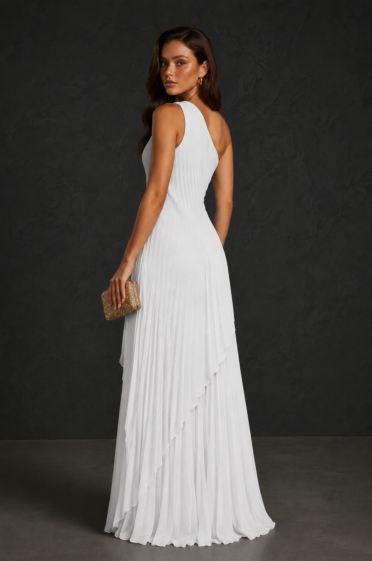 BOLODOO White One-Shoulder Sunburst Pleated Asymmetric Layered Overlay Accordion Pleated Chiffon Maxi Dress - White