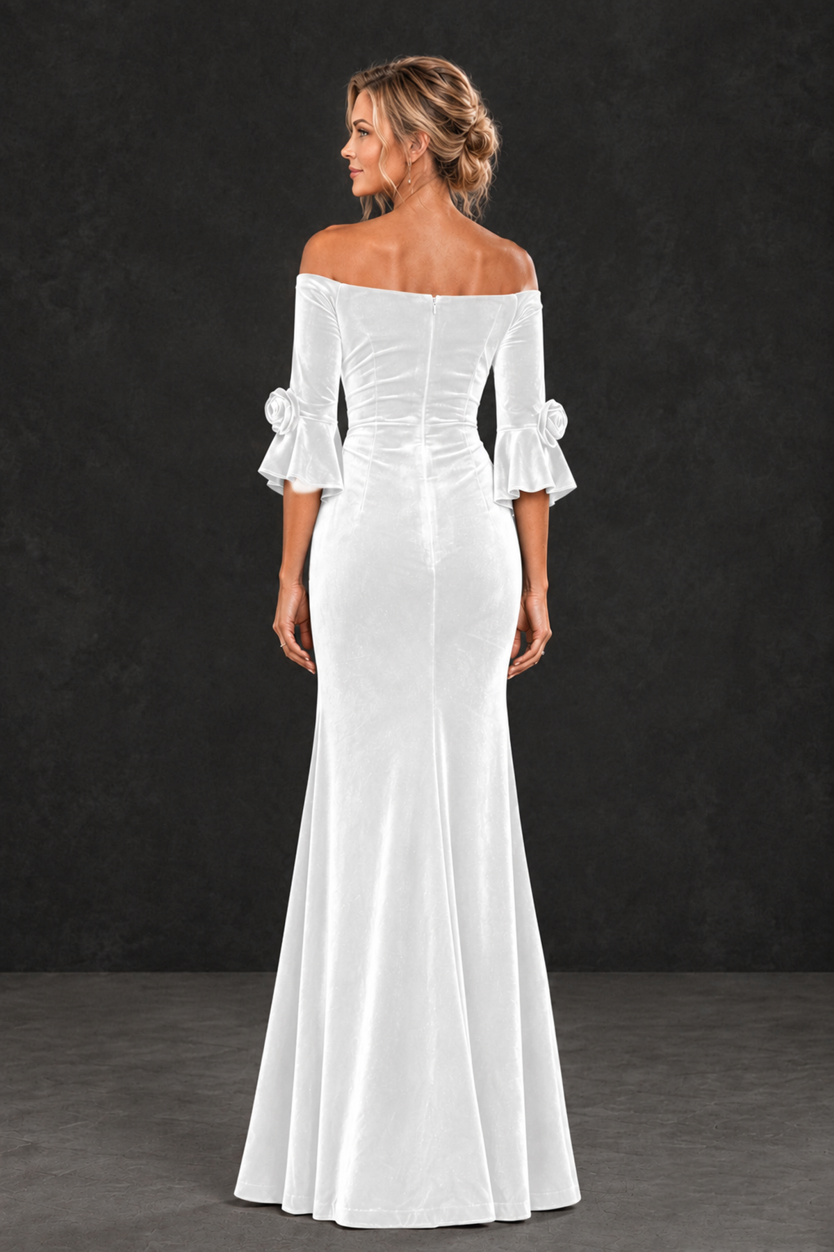 BOLODOO White Velvet Off-Shoulder Mother of the Bride Dress – 3/4 Floral Cuff Sleeve Mermaid Evening Gown - White - White_2