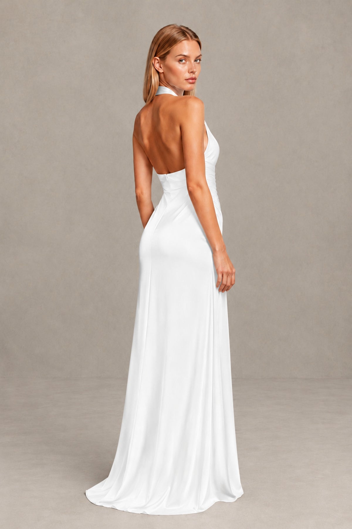 BOLODOO White Twisted Halter Neck Ruched Sleeveless Open Back Floor-Length Gown - White - White_2