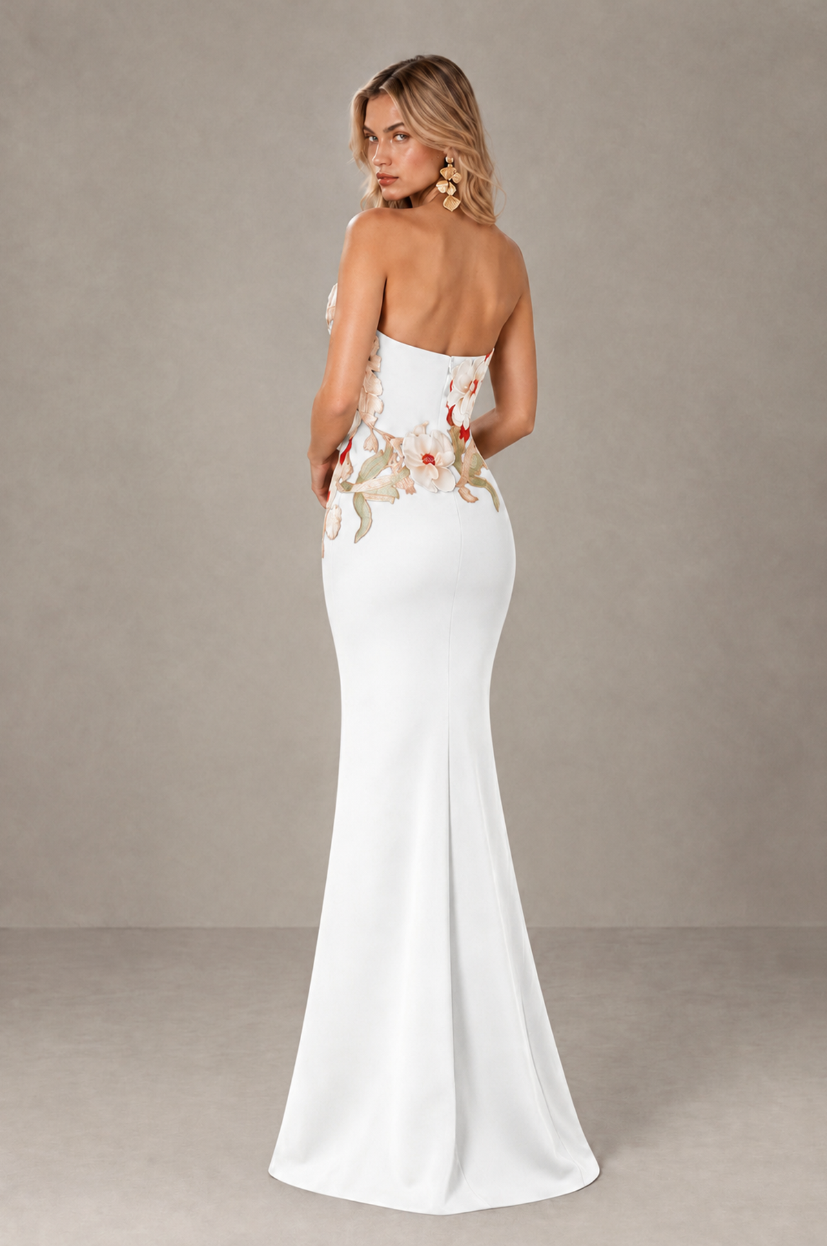 BOLODOO White Strapless Floral Mermaid Evening Dress with Slit - White - White_2
