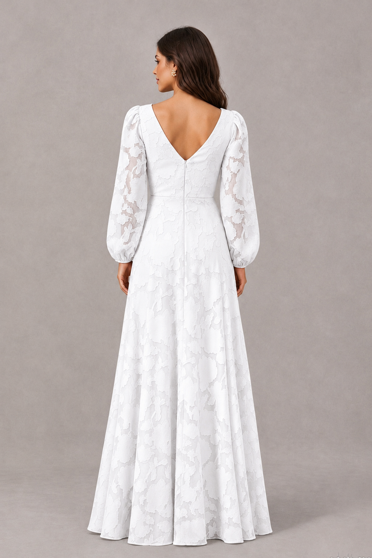 BOLODOO White Long Sleeve V-Neck A-Line Mother of the Bride Dress - White - White_2