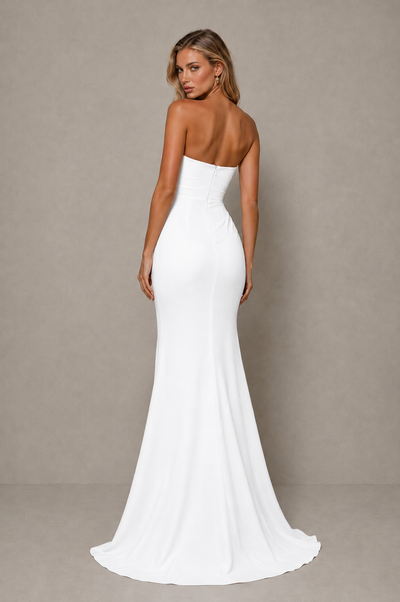 BOLODOO White Strapless Sweetheart Ruched Mermaid Gown | Cascade Drape Formal Evening Dress - White - White_2